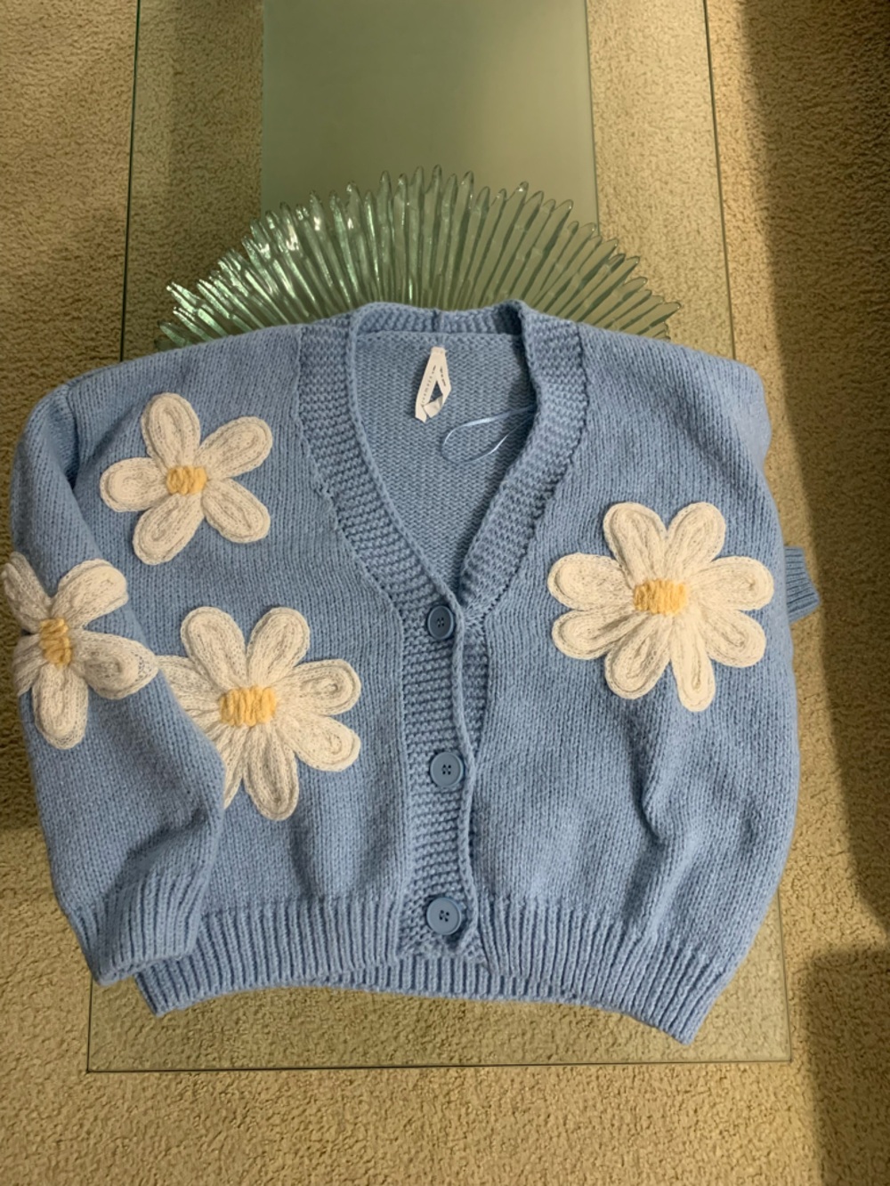 Dreamers Light Blue Cardigan with White & Yellow Daisy Appliqués